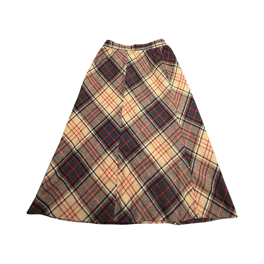 Space Legs Plaid Skirt Womens 26x31 Tan Green A-Line Maxi Vintage Workwear